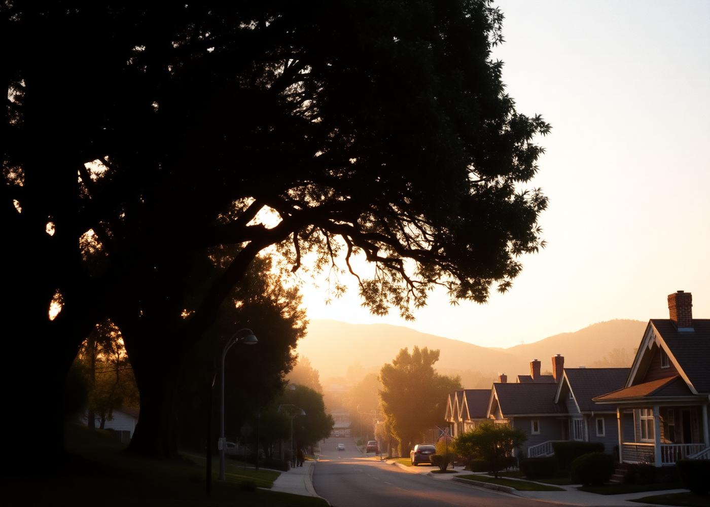 Hillside neighborhood street at golden hour